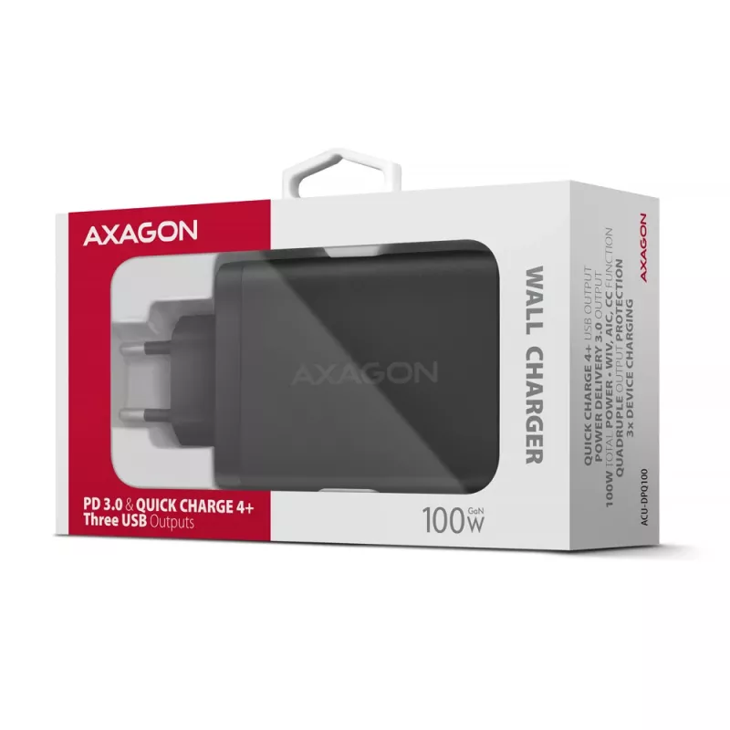 Axagon ACU-DPQ100 PD3.0 & QC 4+ THREE OUTPUTS nástenná nabíjačka 100W