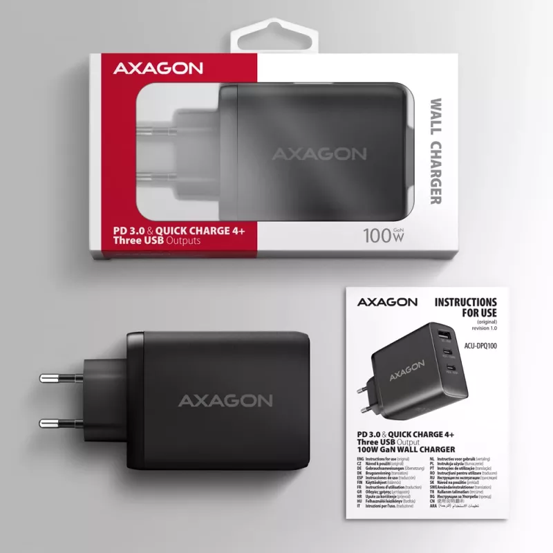 Axagon ACU-DPQ100 PD3.0 & QC 4+ THREE OUTPUTS nástenná nabíjačka 100W