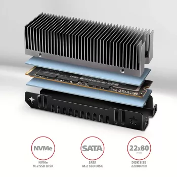 Axagon CLR-M2XT pasívny hliníkový chladič pre jednostranné a obojstranné M.2 SSD veľkosť 2280, výška 24 mm