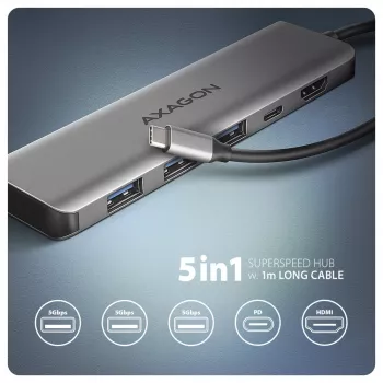 Axagon HMC-5H USB 5Gbps hub, 3x USB-A, HDMI 4K/30Hz, PD 100W, 100cm USB-C kábel