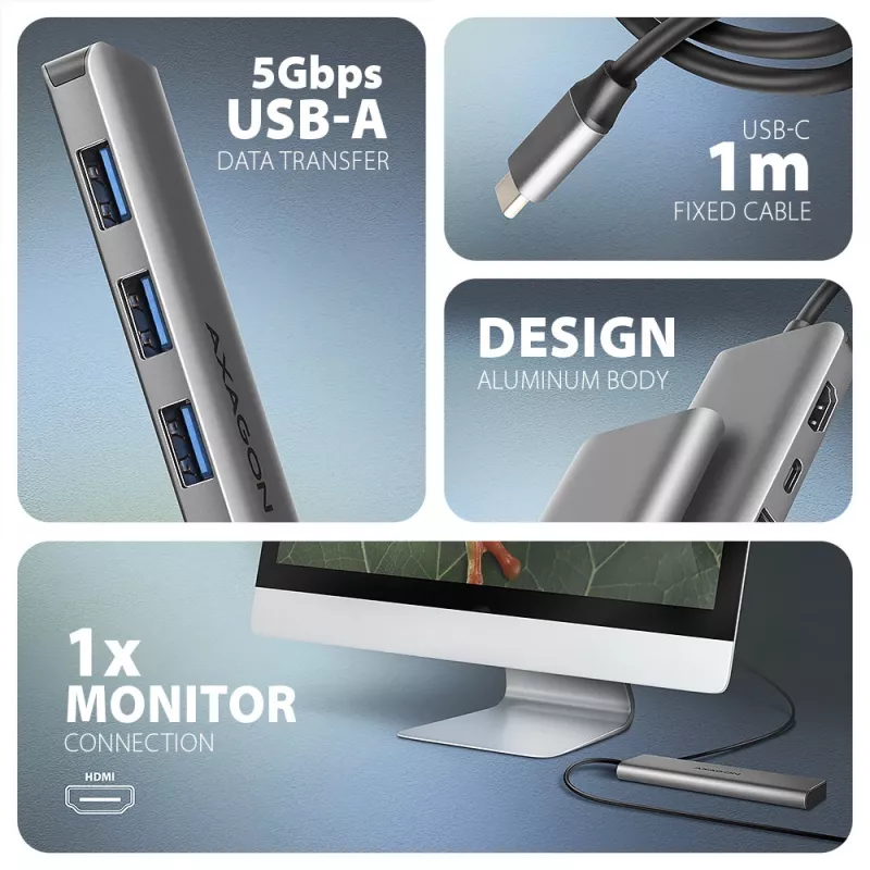 Axagon HMC-5H USB 5Gbps hub, 3x USB-A, HDMI 4K/30Hz, PD 100W, 100cm USB-C kábel