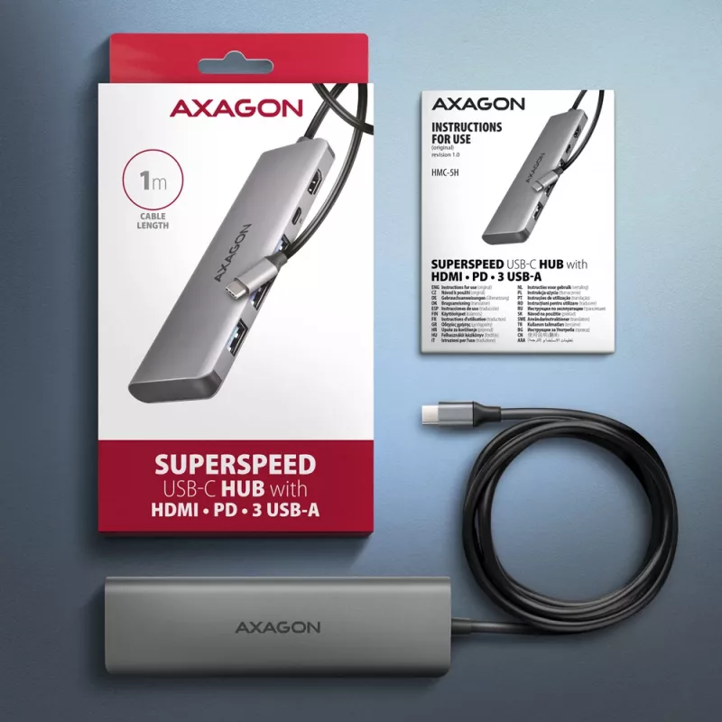 Axagon HMC-5H USB 5Gbps hub, 3x USB-A, HDMI 4K/30Hz, PD 100W, 100cm USB-C kábel