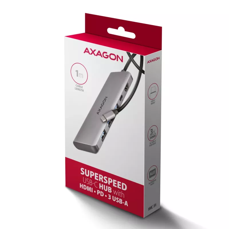 Axagon HMC-5H USB 5Gbps hub, 3x USB-A, HDMI 4K/30Hz, PD 100W, 100cm USB-C kábel