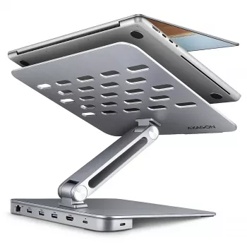 Axagon HMC-STND Multi-Port USB-C 5Gbit/s hub a hliníkový stojan pre notebooky. HDMI 4K/60Hz, GLAN, PD a 3 USB-A konektory. USB-C kábel 60 cm.