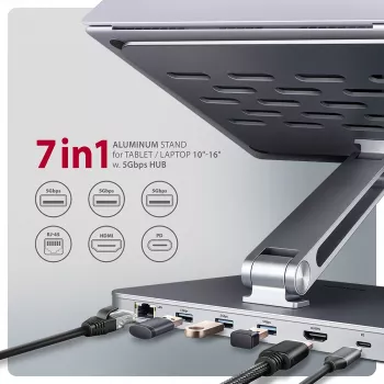 Axagon HMC-STND Multi-Port USB-C 5Gbit/s hub a hliníkový stojan pre notebooky. HDMI 4K/60Hz, GLAN, PD a 3 USB-A konektory. USB-C kábel 60 cm.