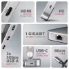 Axagon HMC-STND Multi-Port USB-C 5Gbit/s hub a hliníkový stojan pre notebooky. HDMI 4K/60Hz, GLAN, PD a 3 USB-A konektory. USB-C kábel 60 cm.