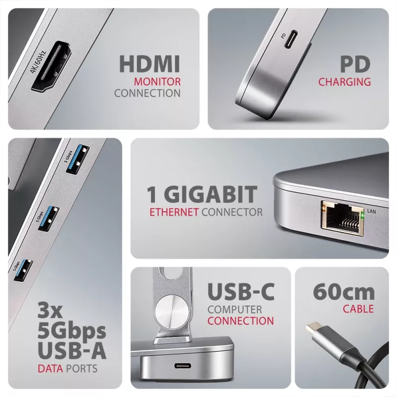 Axagon HMC-STND Multi-Port USB-C 5Gbit/s hub a hliníkový stojan pre notebooky. HDMI 4K/60Hz, GLAN, PD a 3 USB-A konektory. USB-C kábel 60 cm.