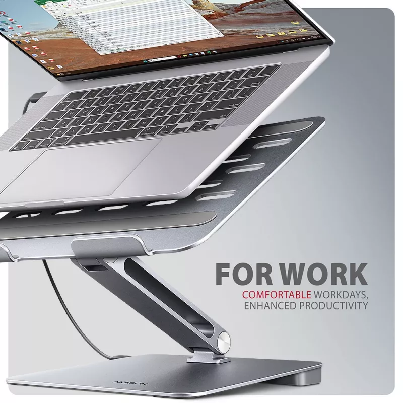 Axagon HMC-STND Multi-Port USB-C 5Gbit/s hub a hliníkový stojan pre notebooky. HDMI 4K/60Hz, GLAN, PD a 3 USB-A konektory. USB-C kábel 60 cm.