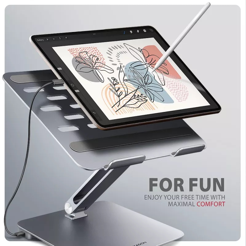 Axagon HMC-STND Multi-Port USB-C 5Gbit/s hub a hliníkový stojan pre notebooky. HDMI 4K/60Hz, GLAN, PD a 3 USB-A konektory. USB-C kábel 60 cm.