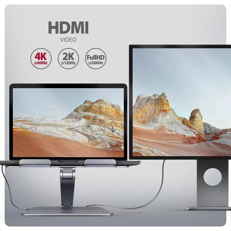 Axagon HMC-STND Multi-Port USB-C 5Gbit/s hub a hliníkový stojan pre notebooky. HDMI 4K/60Hz, GLAN, PD a 3 USB-A konektory. USB-C kábel 60 cm.