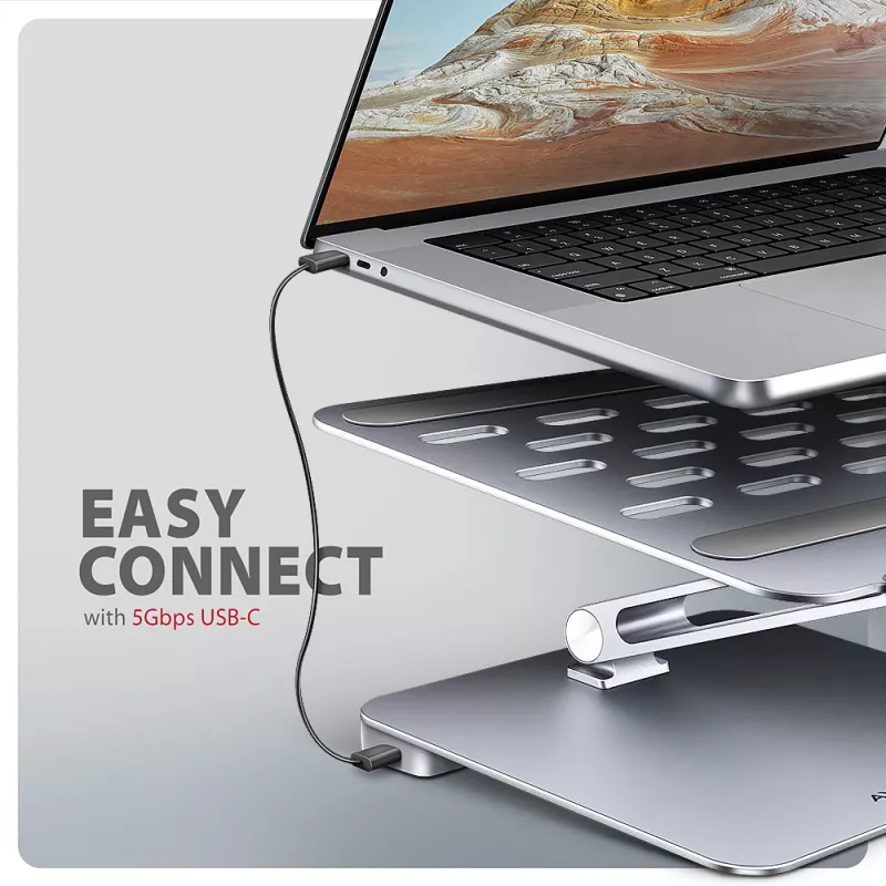 Axagon HMC-STND Multi-Port USB-C 5Gbit/s hub a hliníkový stojan pre notebooky. HDMI 4K/60Hz, GLAN, PD a 3 USB-A konektory. USB-C kábel 60 cm.