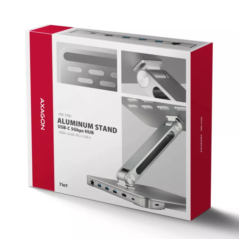 Axagon HMC-STND Multi-Port USB-C 5Gbit/s hub a hliníkový stojan pre notebooky. HDMI 4K/60Hz, GLAN, PD a 3 USB-A konektory. USB-C kábel 60 cm.