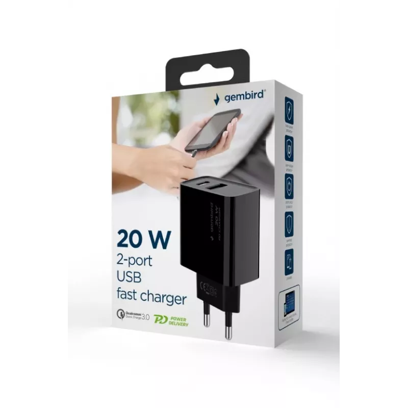 GEMBIRD USB rýchlonabíjačka – 2 porty Type-A & C, 20 W – čierna