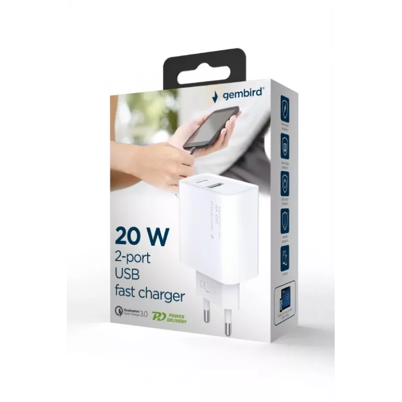 GEMBIRD USB rýchlonabíjačka – Type-A & C 2-portová 20 W – biela