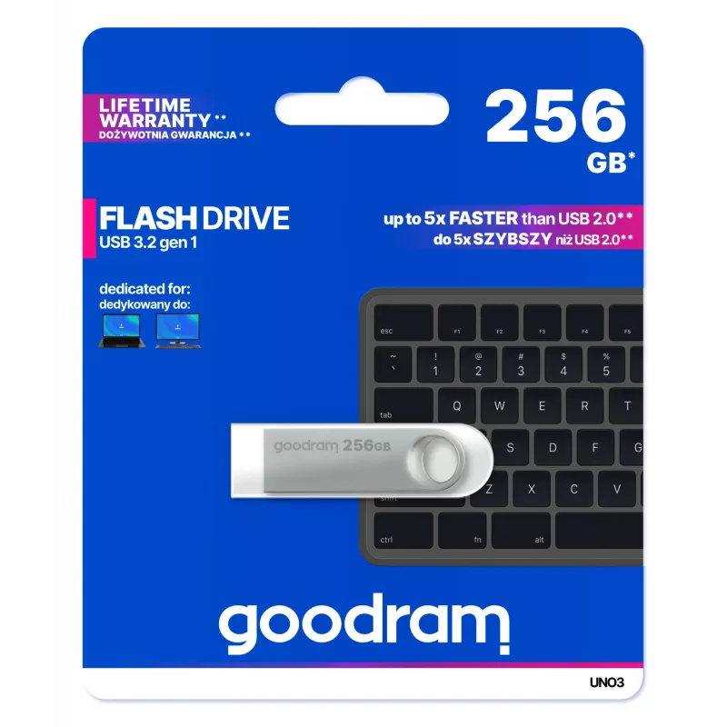 Goodram USB UNO3-2560S0R11 USB kľúč 256 GB USB Type-A 3.2 Gen 1 (3.1 Gen 1) strieborný