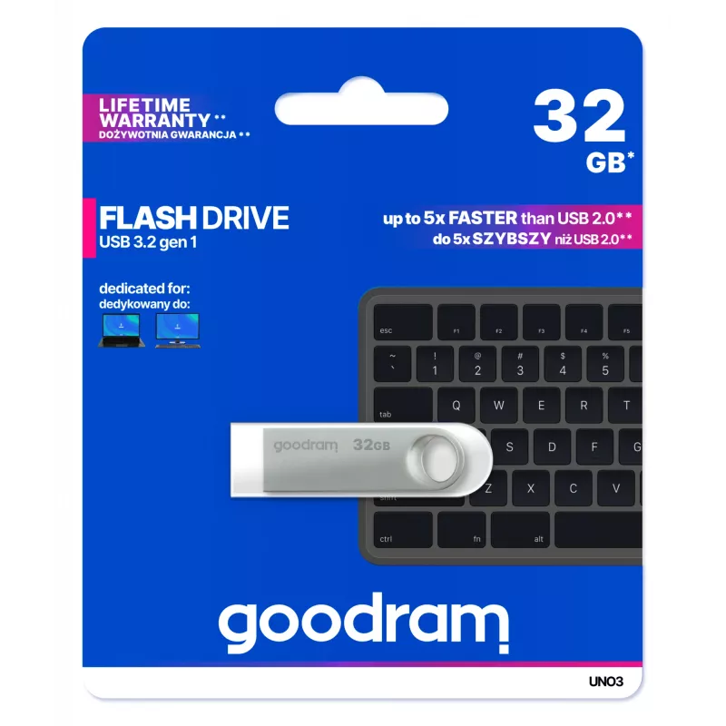 USB flash disk GOODRAM UNO3-0320S0R11 32 GB, USB Type-A, USB 3.2 Gen 1, kov, bez krytky, strieborný