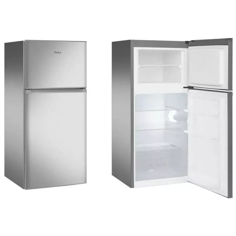 Voľne stojaca chladnička AMICA FD2015.4X(E) strieborná, 200 L, mraznička hore, LED, premeniteľné otváranie dverí