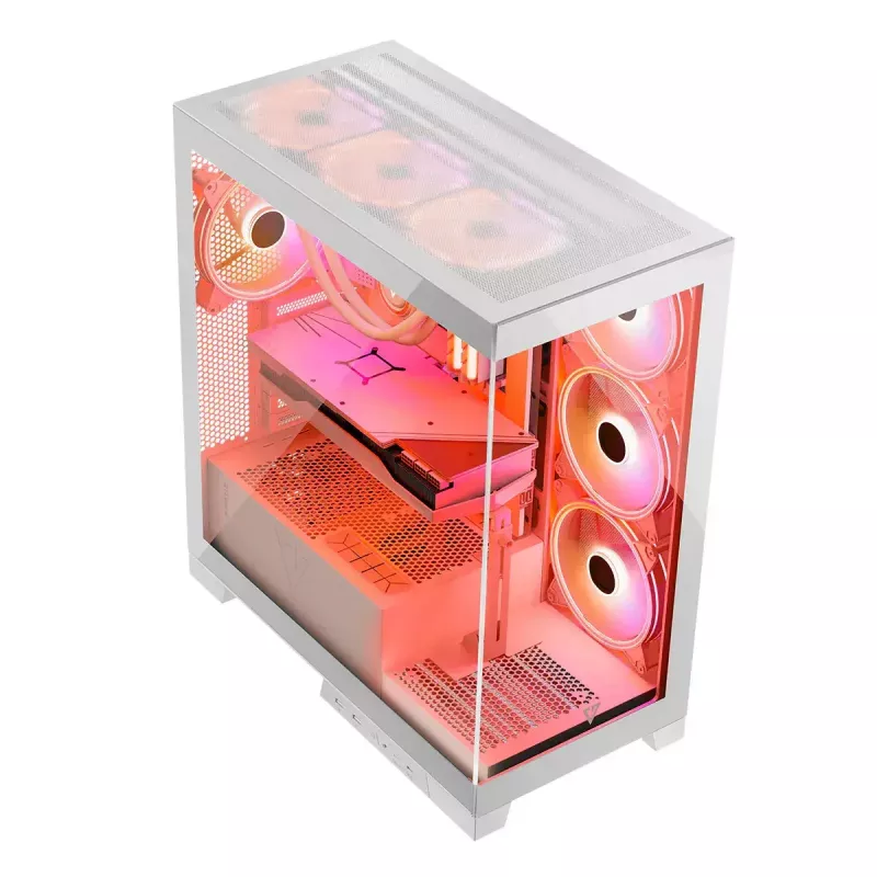 PC skriňa MODECOM Volcano SPACE APEX ARGB MIDI Tower biela – oceľ, bočné okno, ARGB ventilátory, USB-C