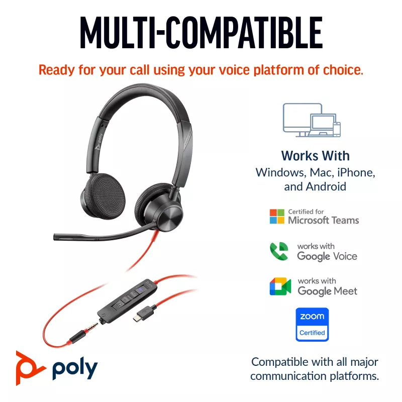 HP Poly Blackwire 3325 stereo USB-C headset +3.5mm konektor +USB-C/A adaptér