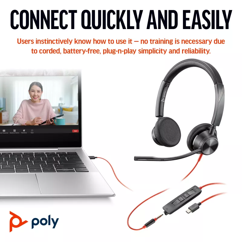 HP Poly Blackwire 3325 stereo USB-C headset +3.5mm konektor +USB-C/A adaptér