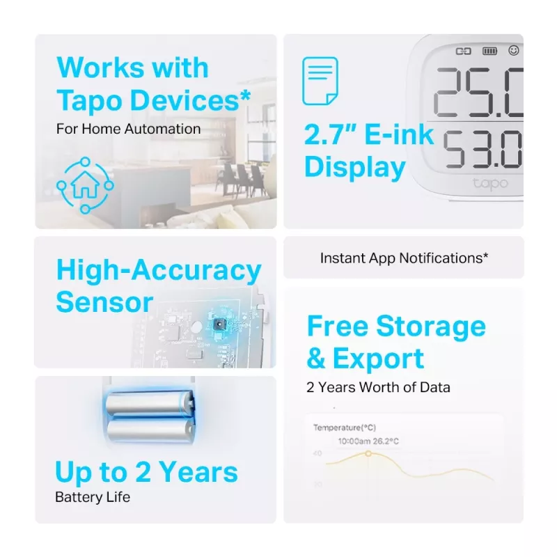 TP-Link Tapo inteligentný monitor teploty a vlhkosti, interiér, snímač teploty a vlhkosti, voľne stojaci, bezdrôtový, -20 - 60 °C, 0 - 99%