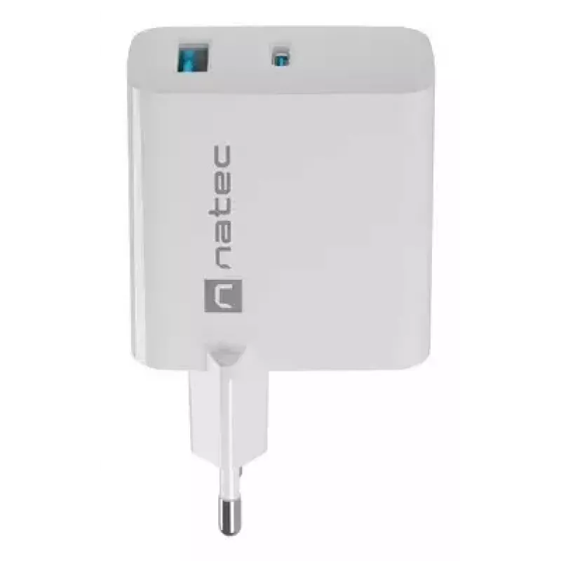 NATEC káblová AC nabíjačka pre mobilné zariadenia NUC-2142, USB-C PD 3.0 + USB-A, 5–20 V do 3 A, 45 W, biela