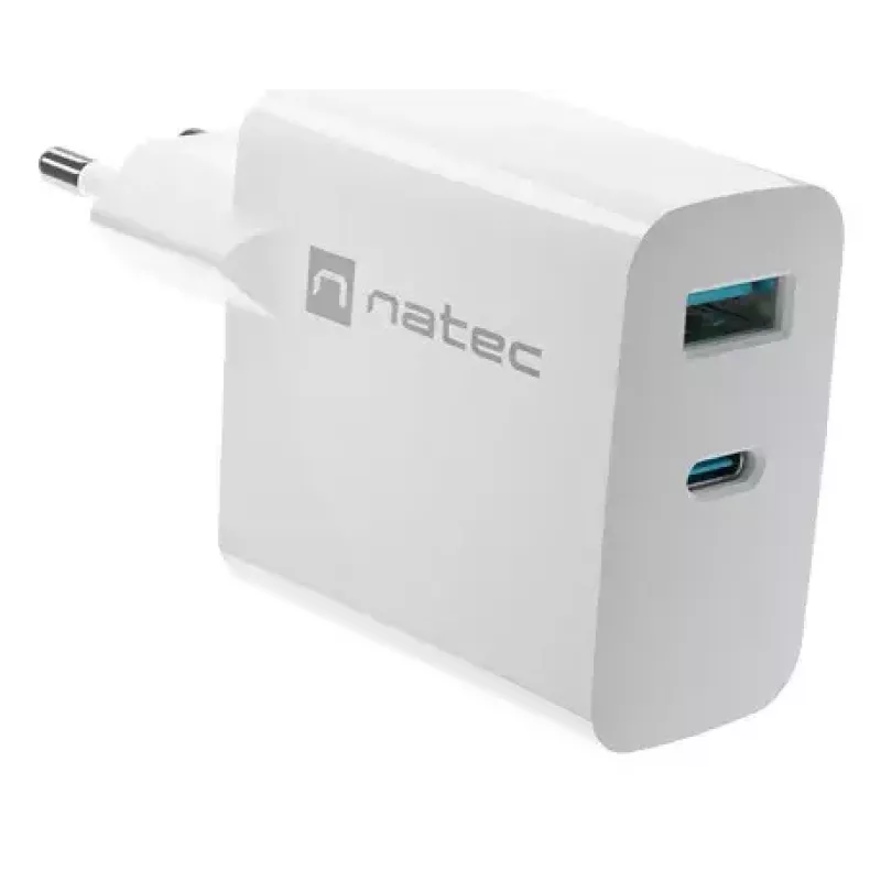 NATEC káblová AC nabíjačka pre mobilné zariadenia NUC-2142, USB-C PD 3.0 + USB-A, 5–20 V do 3 A, 45 W, biela
