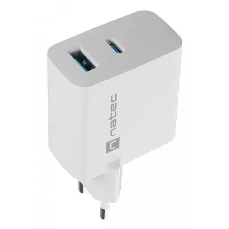 NATEC káblová AC nabíjačka pre mobilné zariadenia NUC-2142, USB-C PD 3.0 + USB-A, 5–20 V do 3 A, 45 W, biela