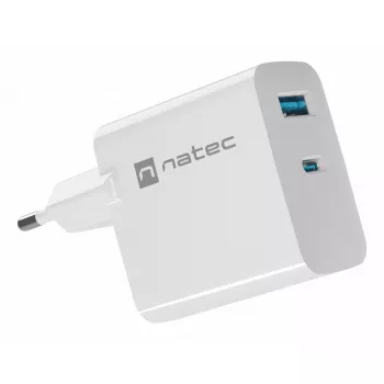NATEC káblová AC nabíjačka pre mobilné zariadenia NUC-2142, USB-C PD 3.0 + USB-A, 5–20 V do 3 A, 45 W, biela