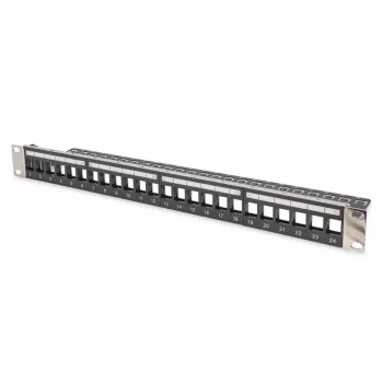 DIGITUS modulárny patch panel, tienený 24-port, neosadený, 1U, montáž do racku, farba čierna transparentné popisné polia