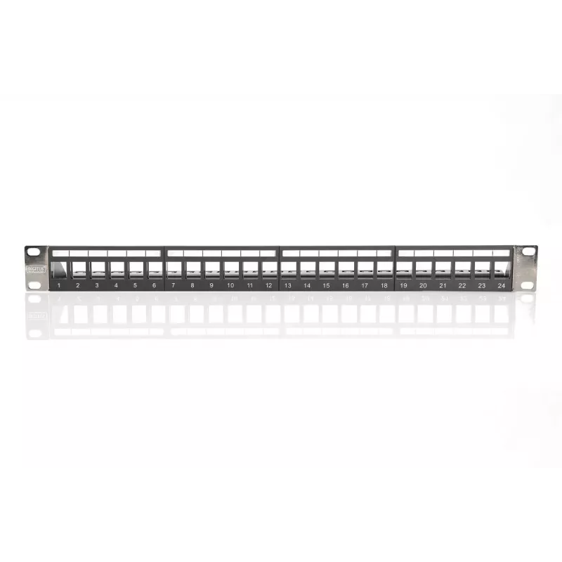 DIGITUS modulárny patch panel, tienený 24-port, neosadený, 1U, montáž do racku, farba čierny transparentné popisné polia