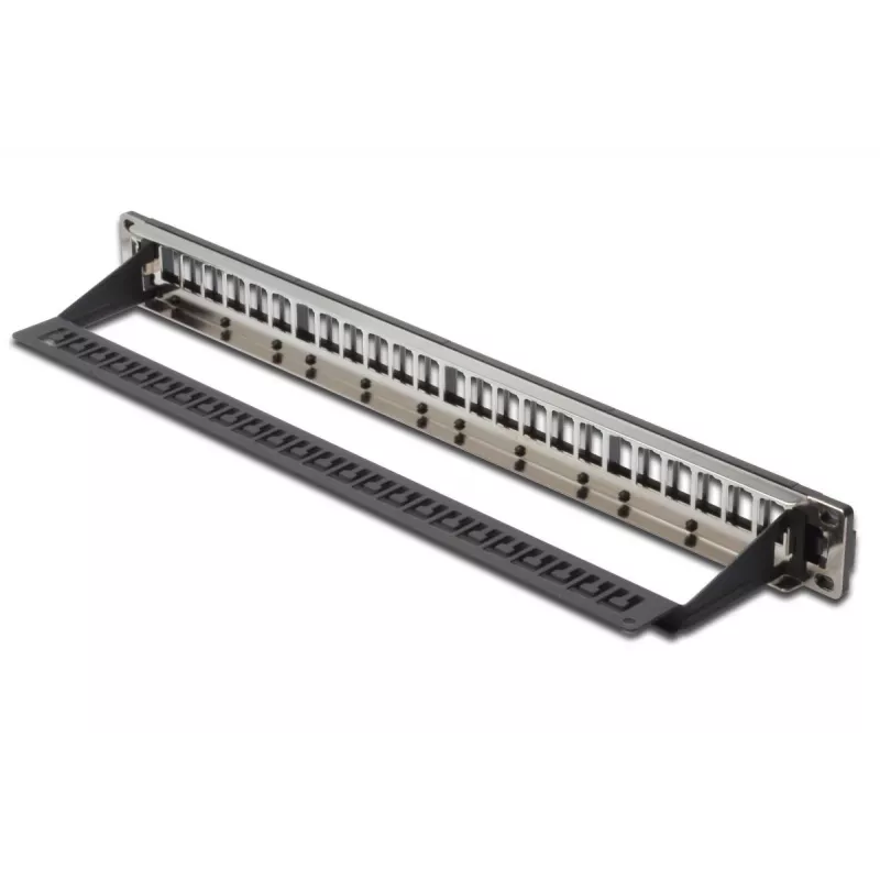 DIGITUS modulárny patch panel, tienený 24-port, neosadený, 1U, montáž do racku, farba čierny transparentné popisné polia