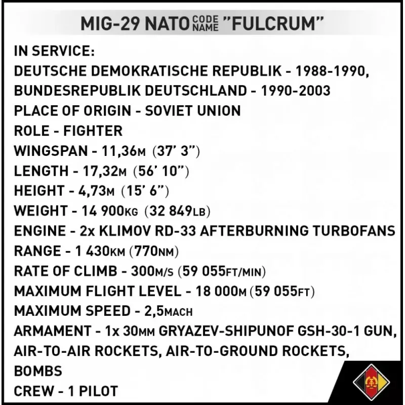 Konštrukčná hračka Cobi MiG-29 východné Nemecko 5851 — sada s 300 dielmi