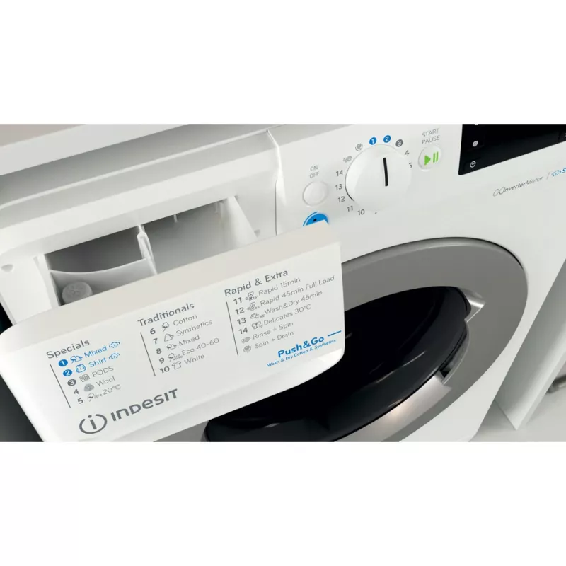 Práčka so sušičkou Indesit BDE 86436 WSV EE — 6 kg, 1400 ot/min, biela, 595×540×850 mm