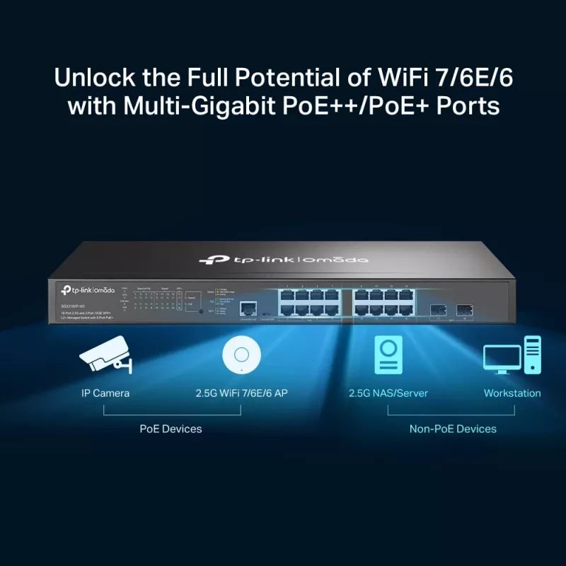 TP-Link Omada 16-portový 2.5G a 2-portový 10GE SFP+ L2+ managed switch s 8-portovým PoE+