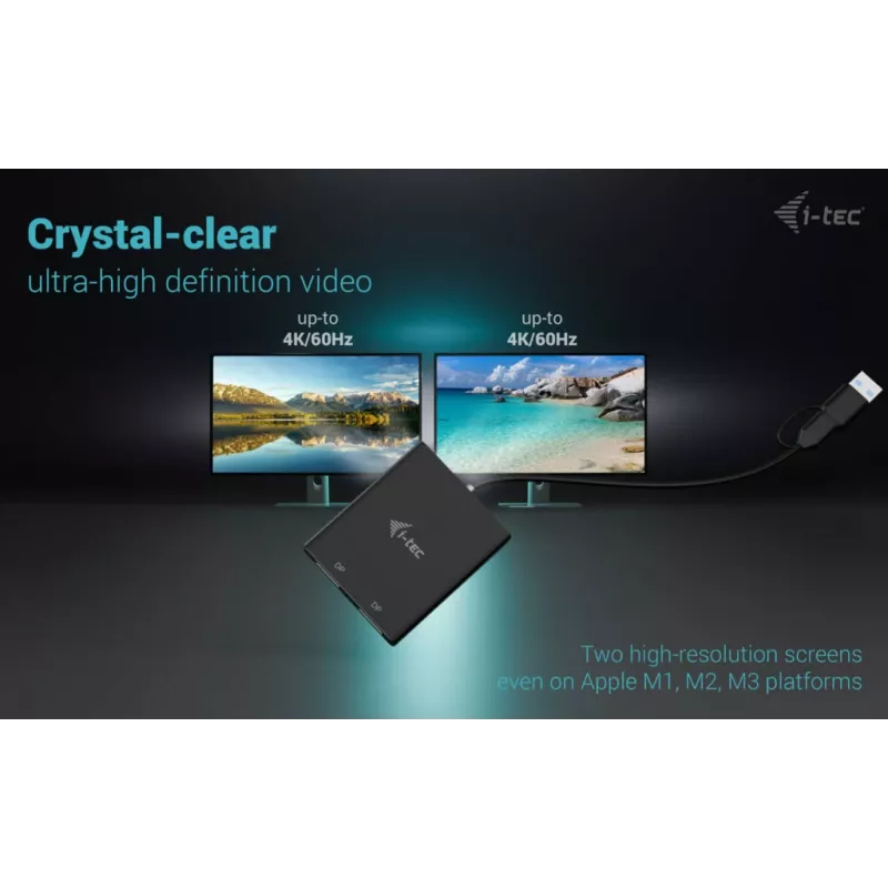 i-tec USB-A/USB-C Dual 4K/60 Hz DisplayPort video adaptér, 0,27 m, USB Type-A/USB Type-C, 2 x DisplayPort, konektor samec, konektor samica, 3840 x 2160 pixelov
