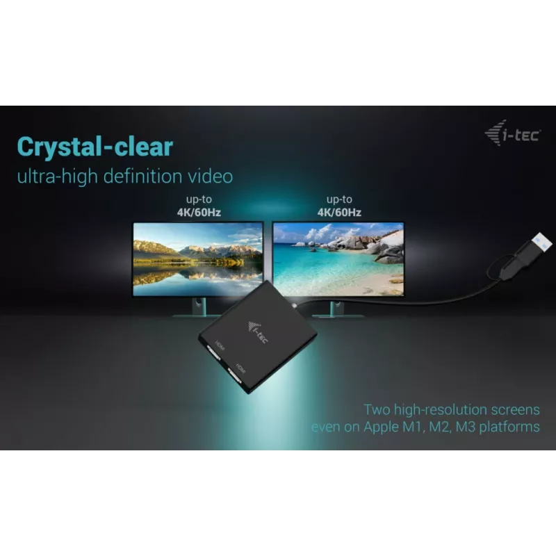 Video adaptér i-tec CADUAL4KHDMI USB-A/USB-C Dual 4K/60 Hz HDMI, 2x HDMI samica, 0,27 m, 3840 x 2160, čierny