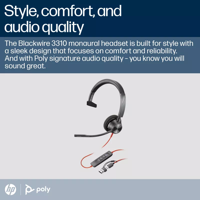 HP Poly Blackwire 3310 monaurálny Microsoft Teams certifikovaný USB-C headset + USB-C/A adaptér