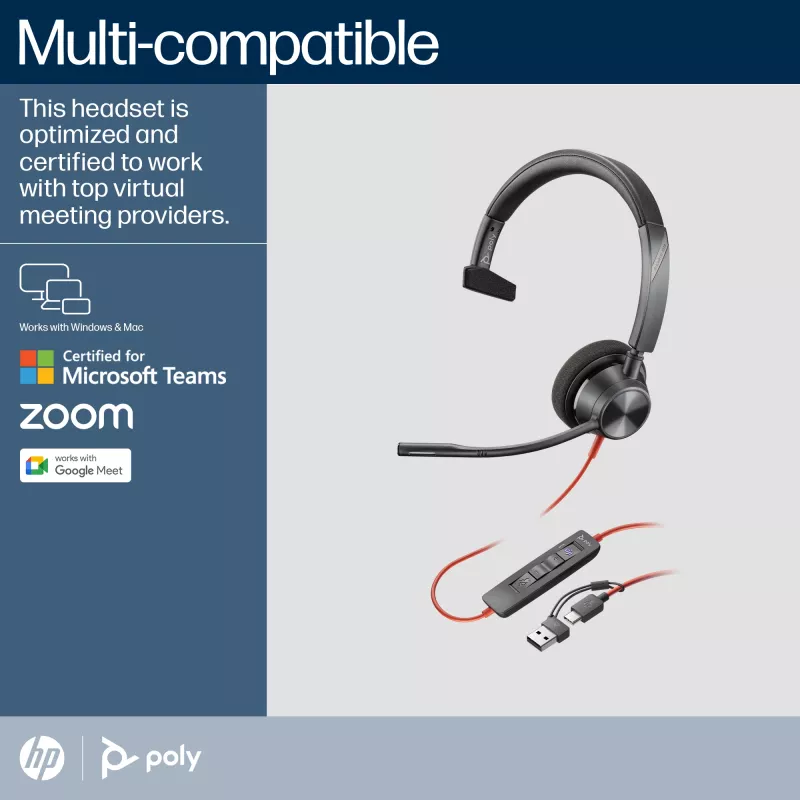 HP Poly Blackwire 3310 monaurálny Microsoft Teams certifikovaný USB-C headset + USB-C/A adaptér