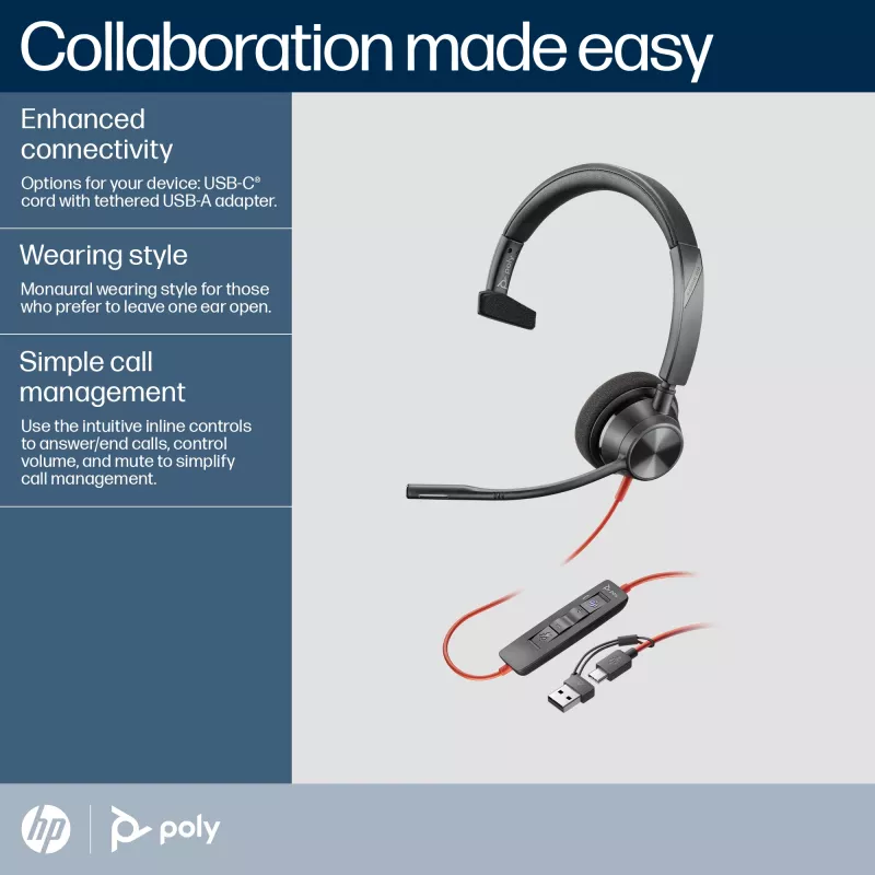 HP Poly Blackwire 3310 monaurálny Microsoft Teams certifikovaný USB-C headset + USB-C/A adaptér