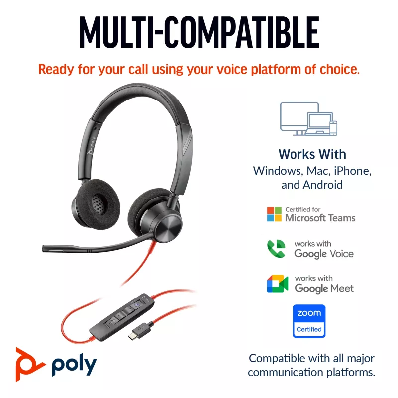 HP Poly Blackwire 3320 stereo USB-C headset +USB-C/A adaptér
