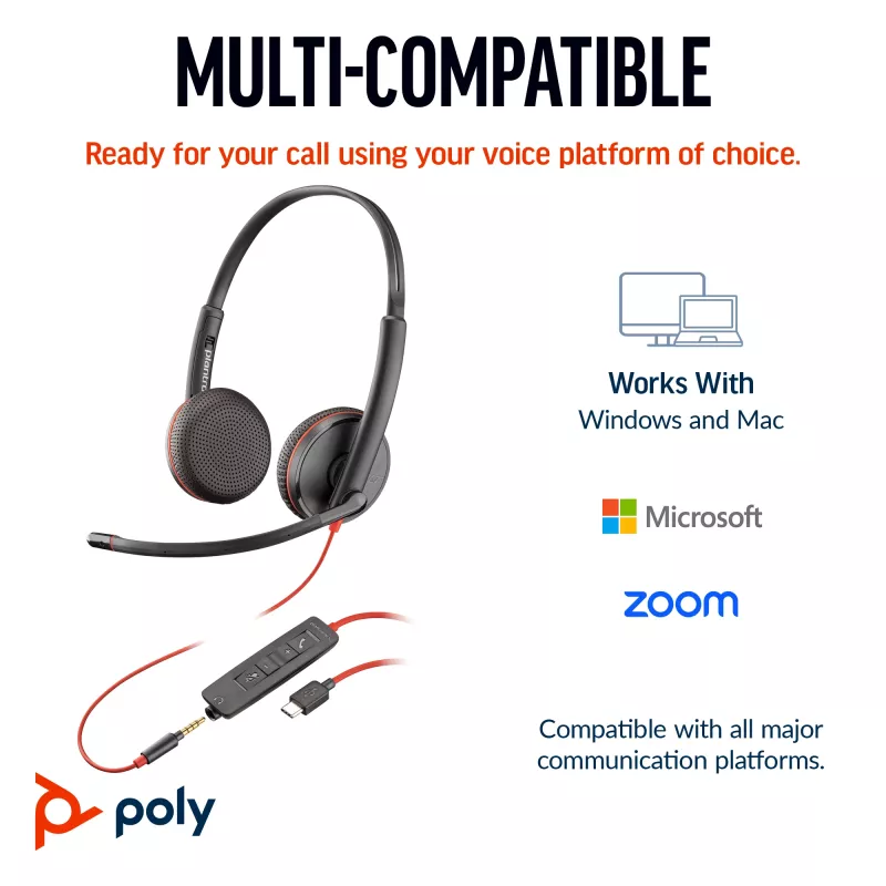 HP Poly Blackwire 3225 stereo USB-C headset +3,5 mm jack konektor +USB-C/A adaptér