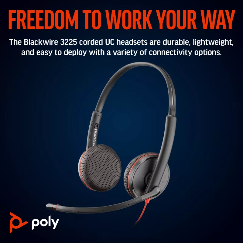 HP Poly Blackwire 3225 stereo USB-C headset +3,5 mm jack konektor +USB-C/A adaptér