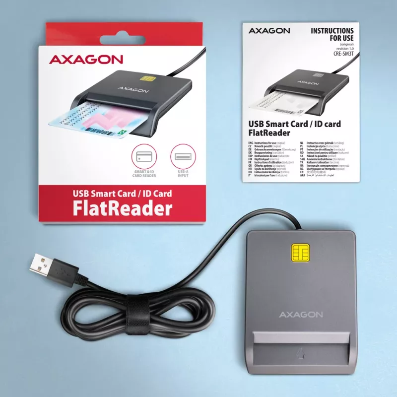 Axagon CRE-SM3T USB-A čítačka smart-/ID-kariet, plochá, USB 2.0, 1,3 m, čierna, 56 g