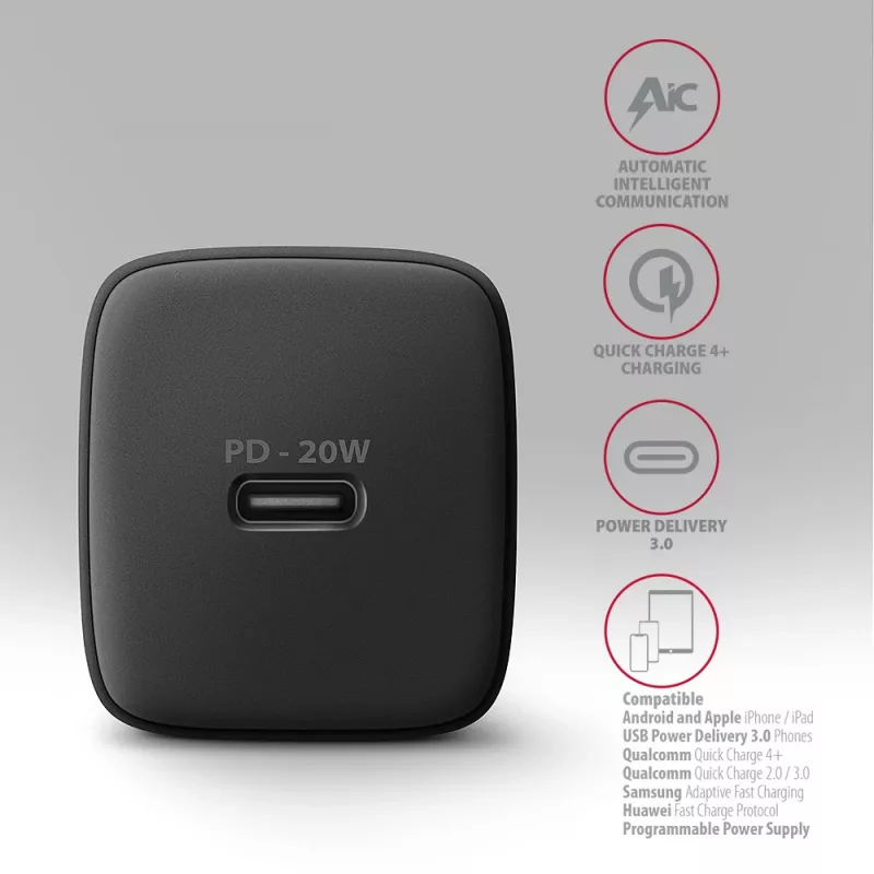 Nástenná nabíjačka Axagon ACU-PD20 1x QC3.0/AFC/FCP/PD Type-C 20W čierna