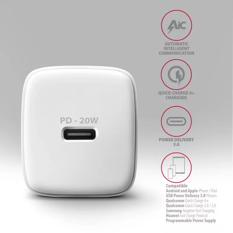 Axagon ACU-PD20W nástenná nabíjačka 1x QC3.0/AFC/FCP/PD Type-C 20W biela