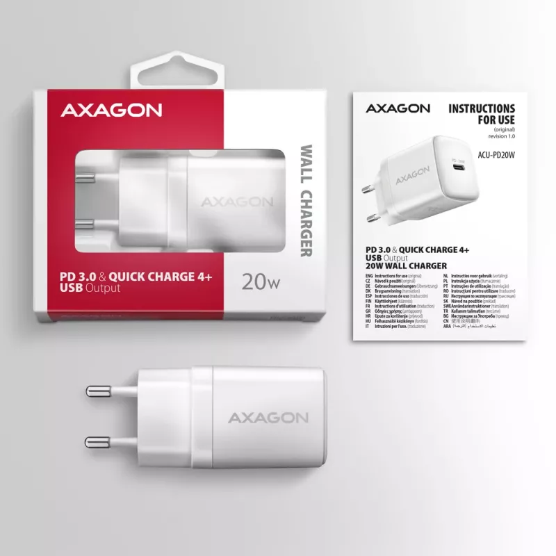 Axagon ACU-PD20W nástenná nabíjačka 1x QC3.0/AFC/FCP/PD Type-C 20W biela