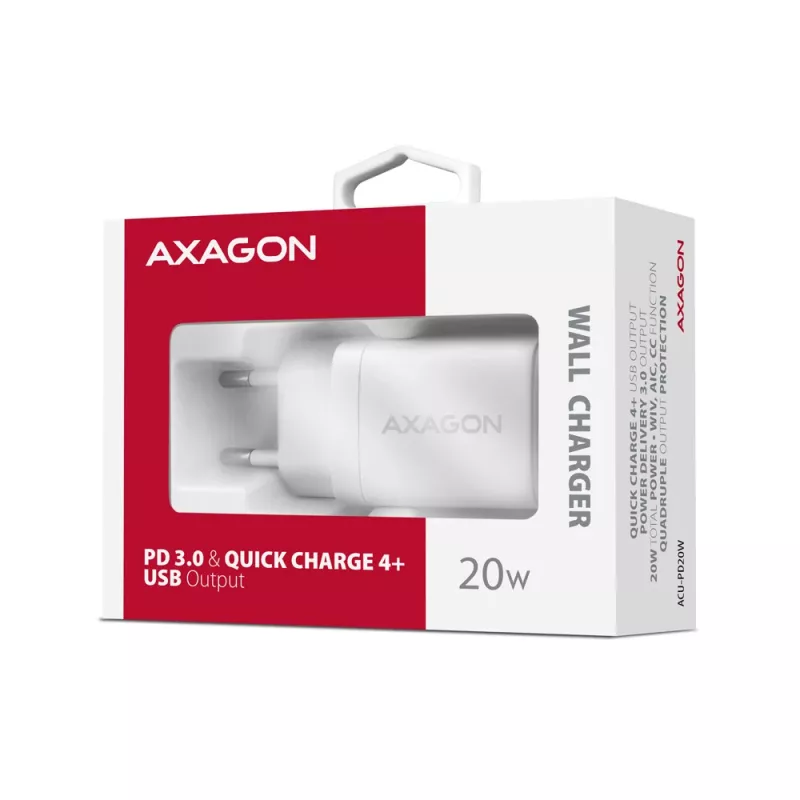 Axagon ACU-PD20W nástenná nabíjačka 1x QC3.0/AFC/FCP/PD Type-C 20W biela