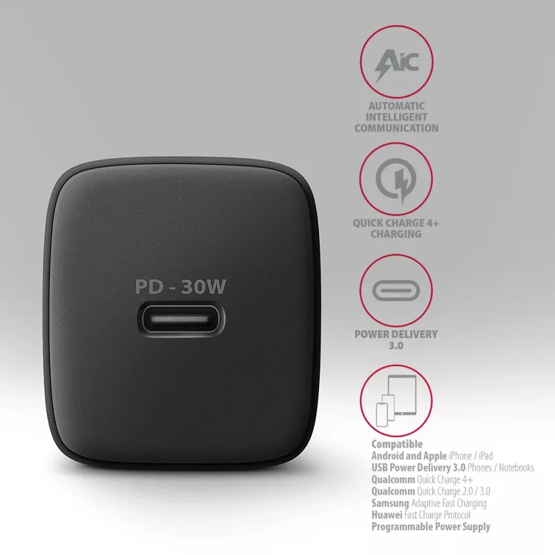 Axagon ACU-PD30 PD3.0 & QC4+ 1x výstup nástenná nabíjačka 30W, interiér, AC, čierna