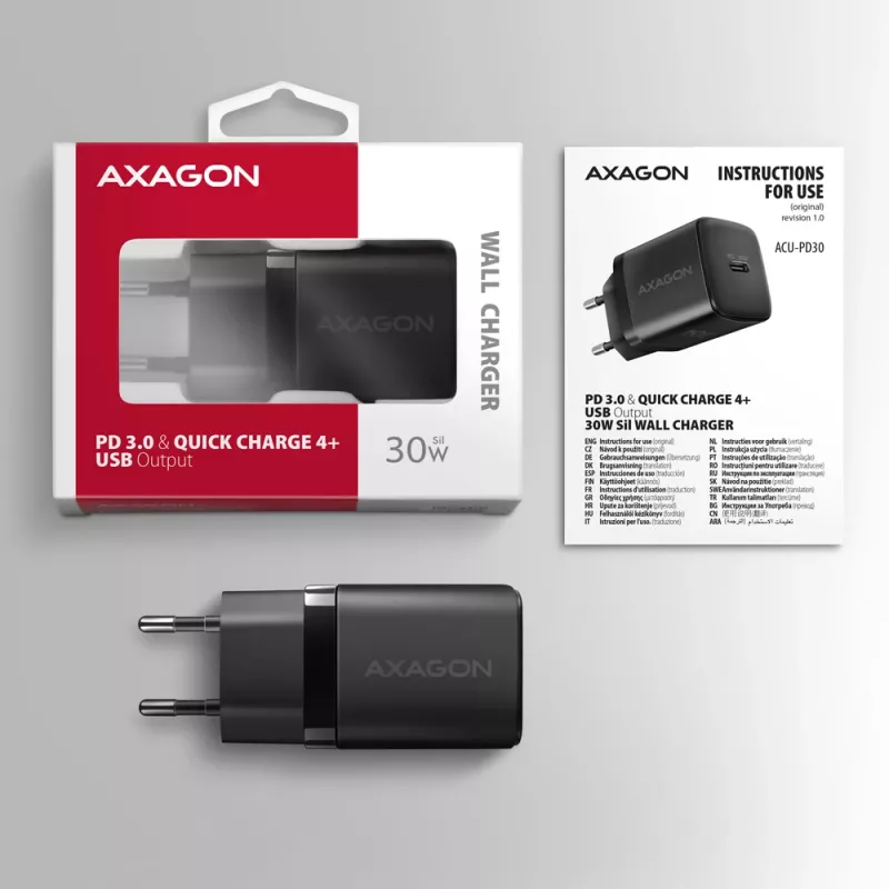 Axagon ACU-PD30 PD3.0 & QC4+ 1x výstup nástenná nabíjačka 30W, interiér, AC, čierna